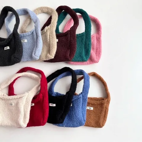 Koreaanse Stijl Gebreide Kleine Handtas Voor Vrouwen Herfst Winter Zoete Effen Kleur Garen Polstas Met Egg Label Mode Tasje