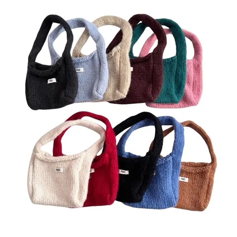 Koreaanse Stijl Gebreide Kleine Handtas Voor Vrouwen Herfst Winter Zoete Effen Kleur Garen Polstas Met Egg Label Mode Tasje