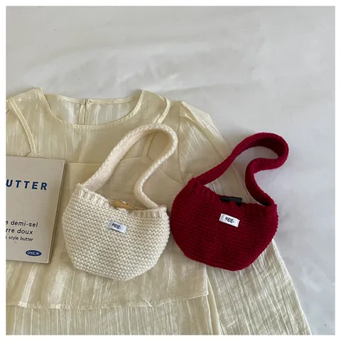 Koreaanse Stijl Gebreide Handtas Dames Minimalistisch Polyester Kleine Tote Gehaakte Oortelefoon Opbergtas Houten Knoop Tas