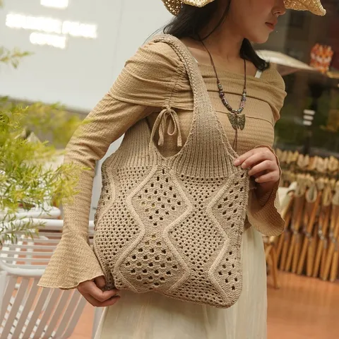 Bolso Tote de Ganchillo Calado de Gran Capacidad para Mujer Bolso de Hombro de Punto Tejido Estilo Boho Bolso de Mano de Playa