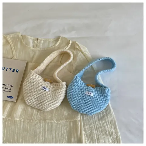 Koreaanse Stijl Gebreide Handtas Dames Minimalistisch Polyester Kleine Tote Gehaakte Oortelefoon Opbergtas Houten Knoop Tas