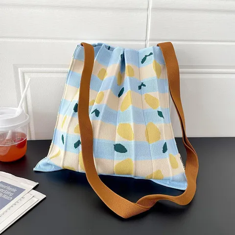Borsa a Tracolla in Maglia Plissettata da Donna Borsa a Tracolla Pieghevole in Maglia di Poliestere con Stampa Limone Ciliegia Mucca Cuore