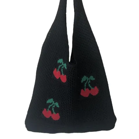 Grote Capaciteit Gebreide Polyester Tote Tas Voor Vrouwen Schattig Kers Patroon Gehaakte Schoudertas Ins Stijl Handtas