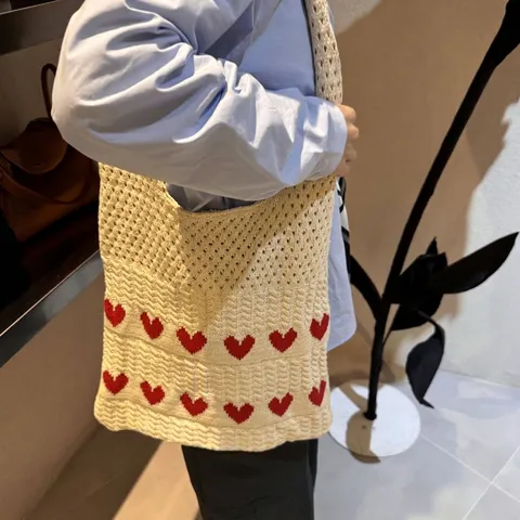 Ins Mode Gebreide Hart Draagtas Dames Casual Gehaakte Schoudertas Grote Capaciteit Geweven Boodschappentas Stijlvolle Handtas