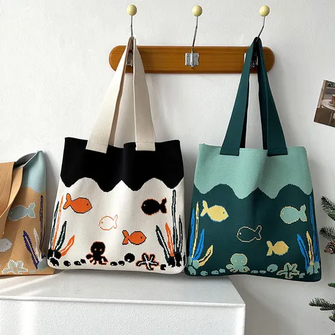Onderwaterwereld Octopus Cartoon Gebreide Boodschappentas Voor Vrouwen Koreaanse Stijl Casual Polyester Schoudertas Studenten Tas