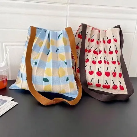 Borsa a Tracolla in Maglia Plissettata da Donna Borsa a Tracolla Pieghevole in Maglia di Poliestere con Stampa Limone Ciliegia Mucca Cuore