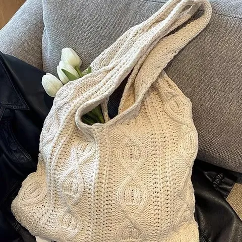 Retro Handgebreide Tote Tas Voor Dames Veelzijdige Kabelgebreide Polyester Gehaakte Schoudertas Grote Geweven Tas