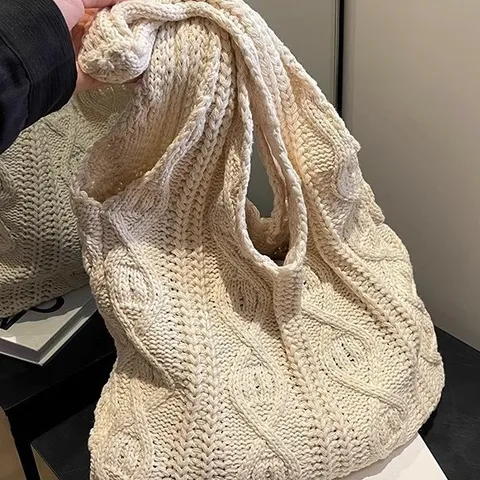 Retro Handgebreide Tote Tas Voor Dames Veelzijdige Kabelgebreide Polyester Gehaakte Schoudertas Grote Geweven Tas