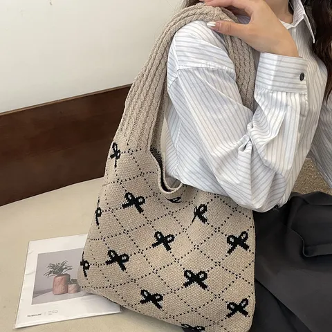 Ins Stijl Gebreide Tote Tas Met Strik En Argyle Patroon Grote Capaciteit Geweven Schoudertas Voor Vrouwen Casual Handtas