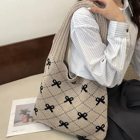 Ins Stijl Gebreide Tote Tas Met Strik En Argyle Patroon Grote Capaciteit Geweven Schoudertas Voor Vrouwen Casual Handtas