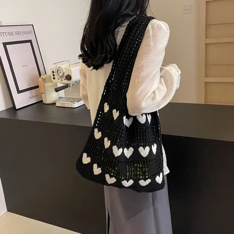 Women Heart Hollow Knit Tote Bag Large Capacity Handmade Crochet Shopping Bag Bohemian Ins Style Casual Beach Shoulder Bag