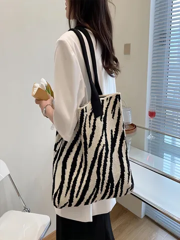 Dames Zebraprint Gebreide Tote Tas Grote Capaciteit Mode Koreaanse Stijl Minimalistische Gebreide Schoudertas