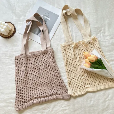 Damen Korean Ins Strick Hohl Gewebt Tote Bag Vintage Große Kapazität Polyester Häkeln Handtasche Casual Täglich Carry-all