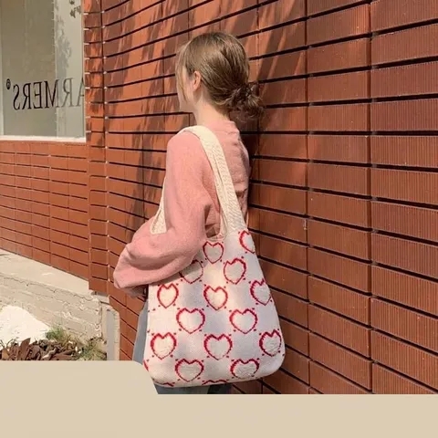 Ins Stijl Gebreide Tote Tas Voor Vrouwen Mode Woon-werkverkeer Grote Capacität Hart Print Schoudertas Casual Zoete Handtas