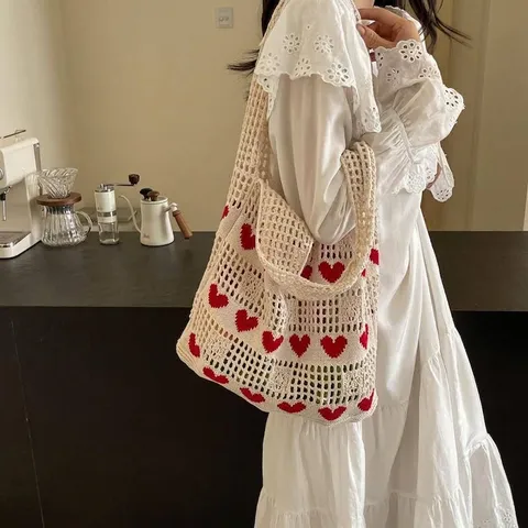 Women Heart Hollow Knit Tote Bag Large Capacity Handmade Crochet Shopping Bag Bohemian Ins Style Casual Beach Shoulder Bag