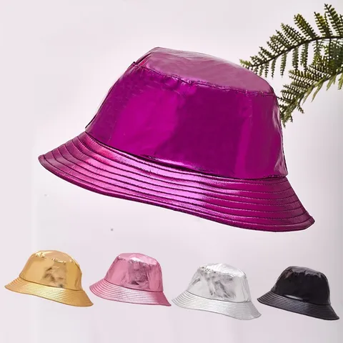 Metallic Patent Leather Bucket Hat Double Sided Foldable Sun Protection Fisherman Hat Harajuku Style Streetwear For Women Men