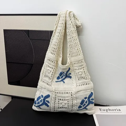 Dames Gebreide Tote Bag Grote Capaciteit Opengewerkte Schoudertas Zeeschildpad Patroon Gehaakte Geweven Strandtas Casual Handtas