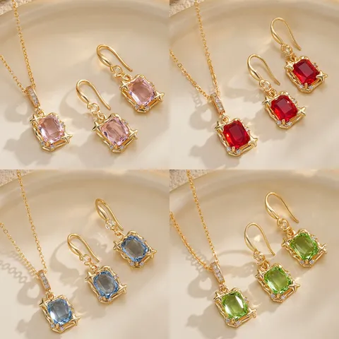 Luxury Square Zirconia Jewelry Set For Women Copper Artificial Crystal Earrings Necklace Stainless Steel Chain Light Luxury Party Accessories