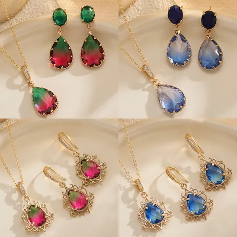 Vintage Teardrop Zirconia Jewelry Set Water Drop Gradient Crystal Necklace Earrings For Wedding Banquet Women Jewelry