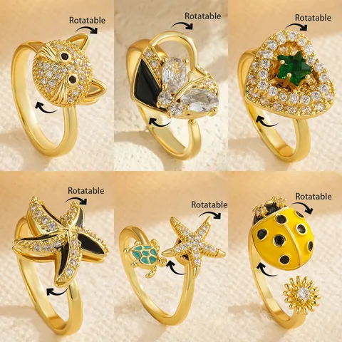 Rotatable Stress Relief Open Ring Copper Gold Plated Rhinestone Heart Butterfly Sea Star Turtle Ladybug Cat Ring For Women Fashion Jewelry
