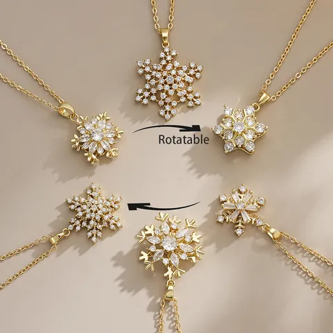 Rotatable Snowflake Pendant Necklace For Women Fashion Gold Plated Copper Chain Zirconia Inlaid Dreamy Star Jewelry Gift