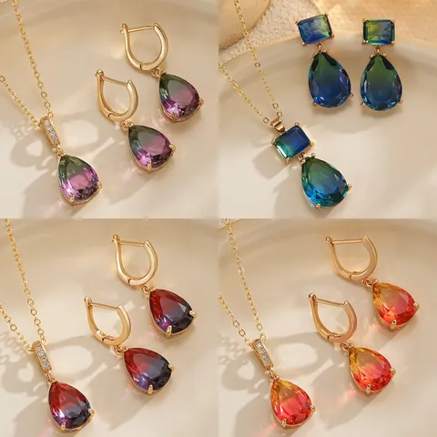French Vintage Gradient Teardrop Zirconia Necklace And Earrings Jewelry Set Copper Gold Plated Artificial Crystal For Women