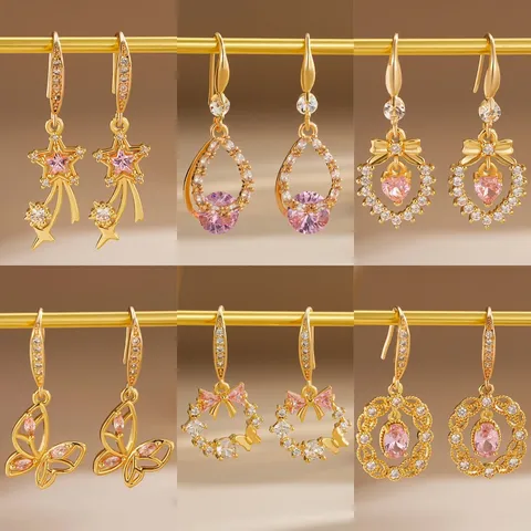 Sweet Pink Rhinestone Drop Earrings For Women Gold Plated Star Bow Butterfly Hollow Drip Ear Hook Jewelry Gift
