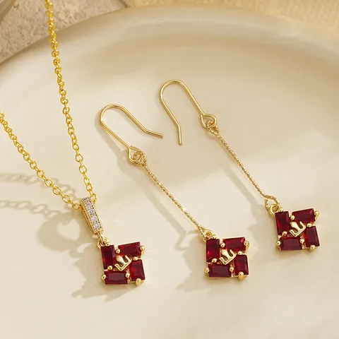 Vintage Palace Gold Plated Copper Red Zirconia Jewelry Set Antique Emerald Cut Necklace And Hook Earrings For Wedding Women