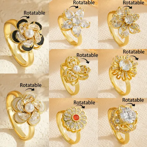 Rotatable Flower Spinning Ring For Women Gold Plated Copper Rhinestone Artificial Pearl Stress Relief Fashion Finger Jewelry
