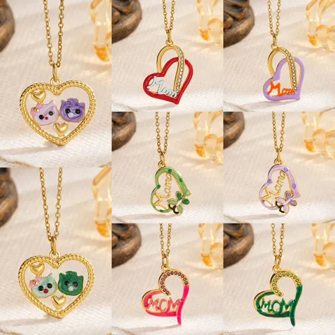 Mother's Day Stainless Steel Enamel Heart Pendant Necklace Gold Plated Zirconia MOM Mama Cat Letter Jewelry Gift For Women