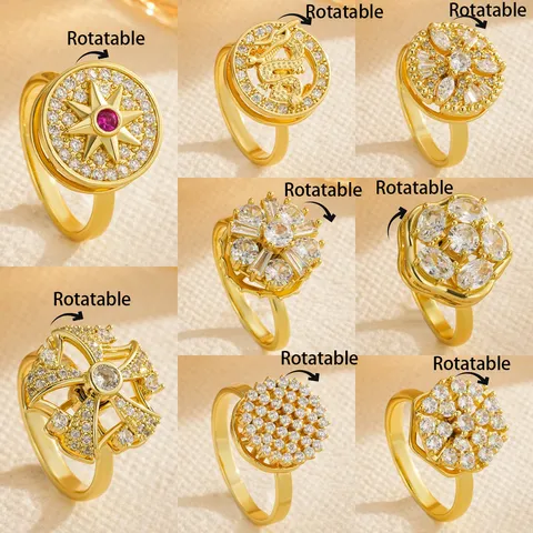 Gold Plated Copper Rotatable Stress Relief Ring For Women Open Adjustable Rhinestone Flower Dragon Spinner Ring Jewelry
