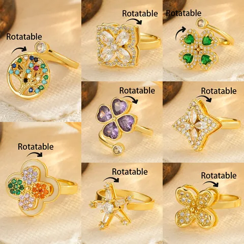 Rotatable Copper Zirconia Ring For Women Colorful Zircon Tree Of Life Four Leaf Clover Star Adjustable Open Finger Ring Fashion Jewelry