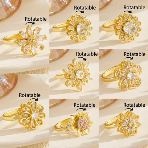 Fashion Copper Rotatable Flower Ring For Women Rhinestone Micro-Inlaid Adjustable Open Finger Ring Trendy Floral Jewelry Gift