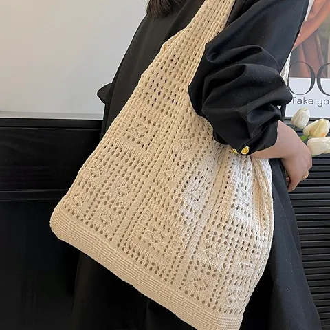 Bolso de Hombro Vintage de Punto Malla Calado Bolso Tote Minimalista Ganchillo Bolso de Mano Verano Playa Bolsa de Compras para Mujer