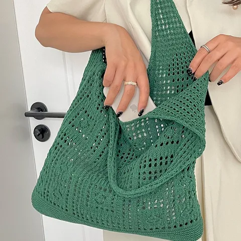 Bolso de Hombro Vintage de Punto Malla Calado Bolso Tote Minimalista Ganchillo Bolso de Mano Verano Playa Bolsa de Compras para Mujer