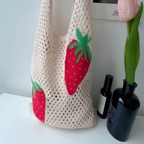 Women Knitted Mesh Tote Bag With Strawberry Pattern Hollow Crochet Handbag For Summer Beach Casual Shoulder Bag Polyester Knit Bag