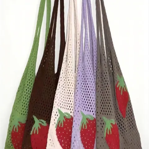 Women Knitted Mesh Tote Bag With Strawberry Pattern Hollow Crochet Handbag For Summer Beach Casual Shoulder Bag Polyester Knit Bag