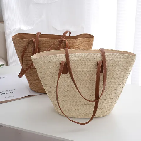 Women Straw Woven Tote Bag Large Capacity Paper Rope Beach Vacation Shoulder Bag With PU Leather Strap Beige Khaki Casual