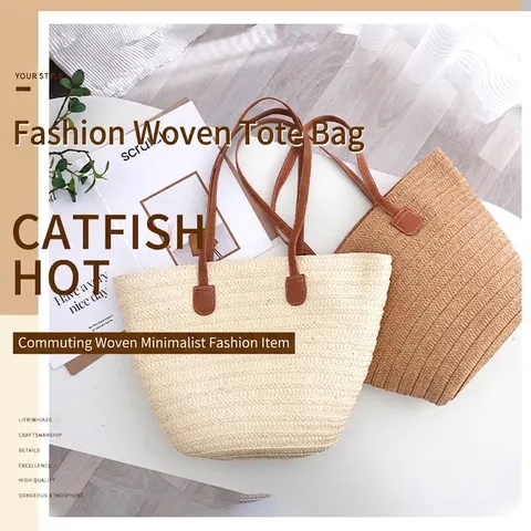 Women Straw Woven Tote Bag Large Capacity Paper Rope Beach Vacation Shoulder Bag With PU Leather Strap Beige Khaki Casual