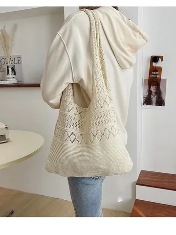 Dames Grote Capaciteit Opengewerkt Gebreide Schoudertas Vintage Effen Kleur Geweven Tote Tas Veelzijdige Reizen Casual Handtas