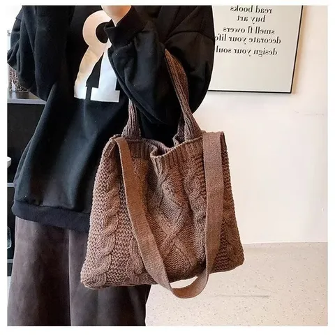 Grote Capaciteit Gebreide Tote Tas Voor Vrouwen Retro Kabelgebreide Polyester Schoudertas Herfst Winter Veelzijdige Handtas Woon-Werkverkeer Tas