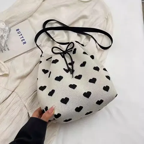Women Canvas Heart Pattern Drawstring Bucket Bag Knitted Jacquard Shoulder Crossbody Bag Streetwear Ripple Handbag