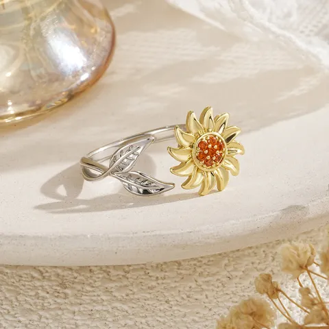 Rotatable Sunflower Bee Open Ring For Women Copper Zirconia Two-Tone Spinner Ring Stress Relief Flower Ring Fashion Hand Jewelry Gift