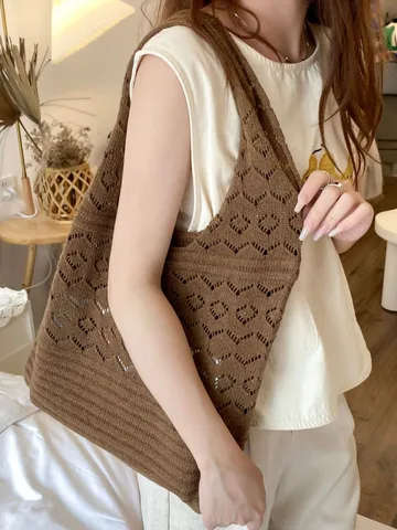 Bolso Tote de Punto Hecho a Mano Malla Calada Retro Poliestere Ganchillo Bolso de Hombro para Mujer Gran Capacidad Bolso de Compras