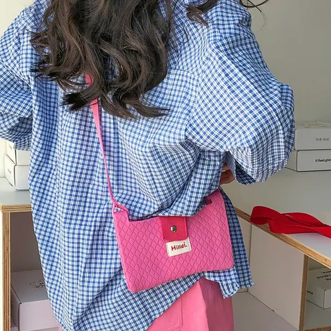 Japans Koreaans Stijl Gebreide Telefoontas Voor Dames Rautenpatroon Macaronkleuren Kleine Vierkante Crossbody Tas Reis Casual Schoudertas