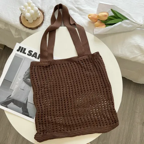 Damen Korean Ins Strick Hohl Gewebt Tote Bag Vintage Große Kapazität Polyester Häkeln Handtasche Casual Täglich Carry-all