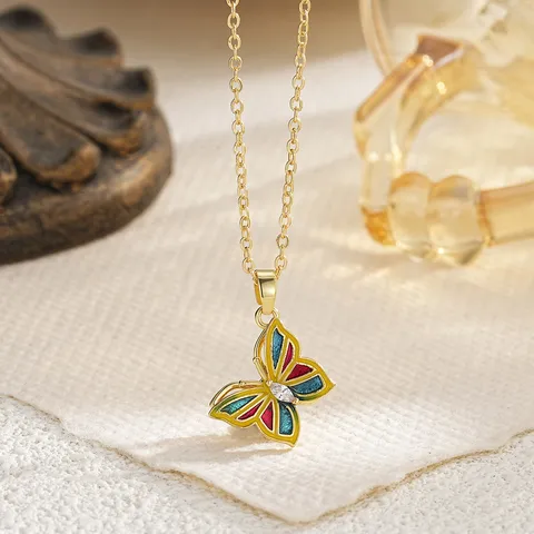 Rotatable Butterfly Pendant Necklace Titanium Steel Enamel Heart Zirconia Charm Sweater Chain Jewelry For Women