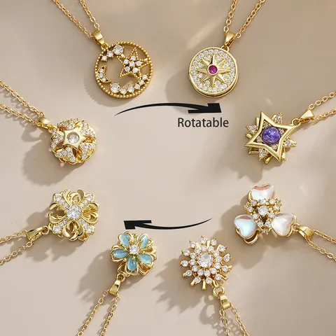 Rotatable Eight-pointed Star Necklace For Women Copper Gold Plated Full Zirconia Hollow Star Disk Pendant Stress Relief Fashion Jewelry