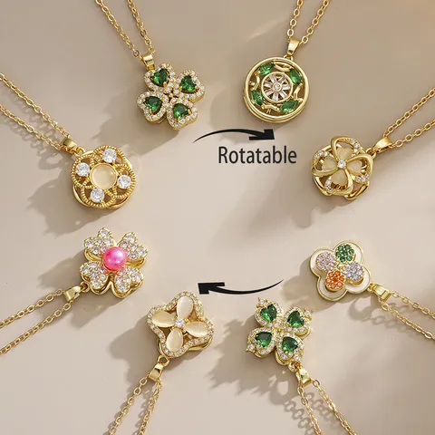 Palace Style Rotatable Four Leaf Clover Flower Pendant Necklace Copper Gold Plated Zirconia Artificial Pearl Vintage Necklace