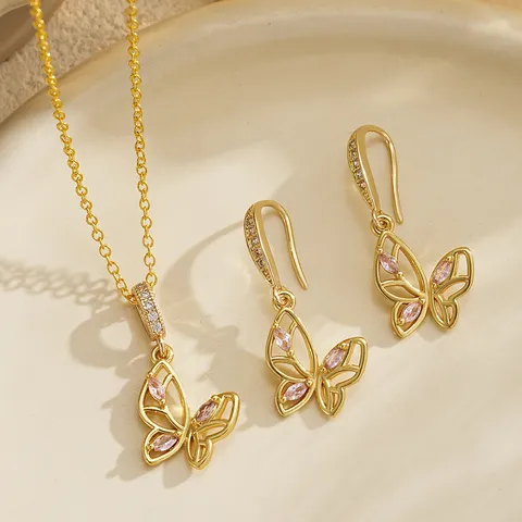 French Retro Hollow Butterfly Star Heart Pendant Necklace Stud Earrings Set Pink Zirconia Copper Gold Plated Jewelry Set For Women